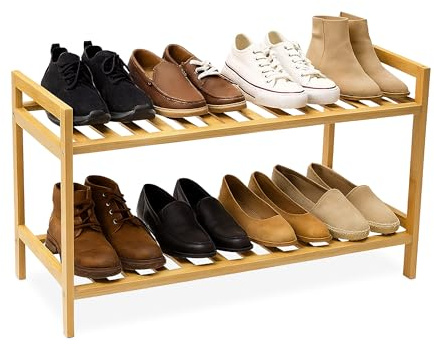 Relaxdays Schuhregal, HxBxT: 40 x 69 x 27 cm, Bambus, 2 Ebenen, für 6 Paar Schuhe, stapelbarer Schuhständer, Natur