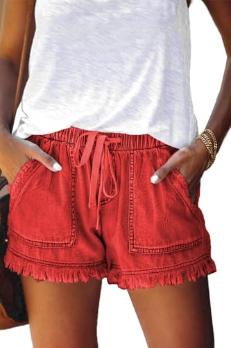 HVEPUO Short d'été, large, pour femmes, en coton et lin, avec ceinture élastique
