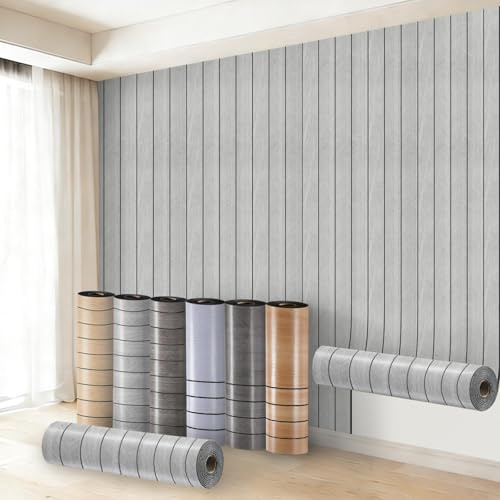 Anttyscar 6 Roll Self-Adhesive Wood Grating Wallpaper Light Grey Wood Slat Wallpaper Wood Stripe Grain Natural Wooden Slats Peel and Stick Contact Paper for Living Room Kitchen Bedroom Office