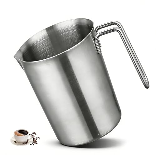 PRITOK Vaso medidor de 1000 ml, 1 litro: vaso medidor de acero inoxidable 304, jarra medidora con escala, apto para lavavajillas, para cocina, hornear, café y bebidas lácteas (plata)