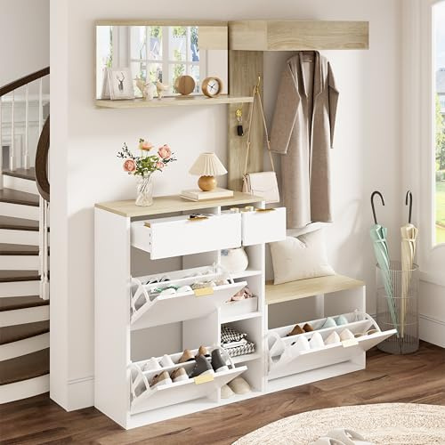 Httcg Garderobe Set Garderobenschrank Höhe 174 cm mit Spiegel und Schuhschrank, Garderobenset Wandgarderobe Flurgarderoben Set mit Schuhbank, Kompaktgarderobe Flurmöbel mit Haken, Natural+Weiß