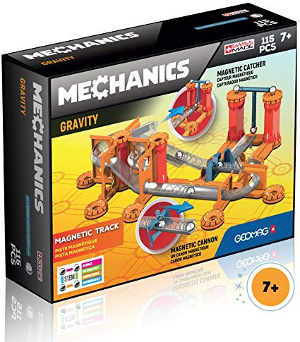GEOMAG - Mechanics Gravity Magnetic Track -115 Teile- Magnetisches Konstruktionsset für Kinder ab 7 Jahren - Baue Deine Mechanische und Magnetische Kanonenstartstruktur - Hergestellt in der Schweiz