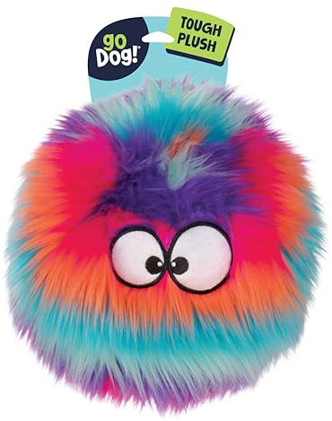 goDog Furballz Squeaky Plush Ball Dog Toy, Chew Guard Technology - Cool Rainbow, Large