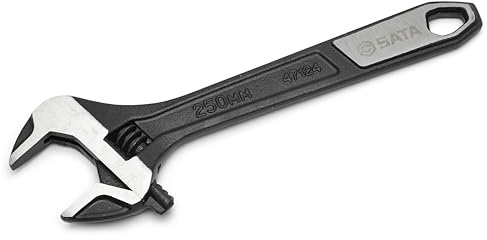 SATA ST47124 Rollgabelschlüssel, Einmaulschlüssel, Englender, Schraubenschlüssel verstellbar und extra breit 10/250 mm, mit Messskala in mm und schwarz oxidierter Oberfläche