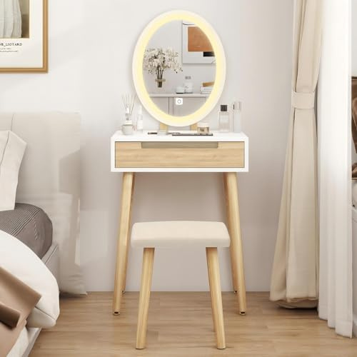YU YUSING Schminktisch mit Beleuchtung,Frisiertisch mit LED Spiege | Schubladen, Kosmetiktisch mit gepolstertem Hocker,Kommode Make-up Tisch, Modern