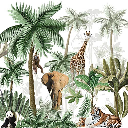 Papier peint intissé pour chambre d'enfant, 250 cm X 250 cm, animaux de la jungle, illustration forêt tropicale.