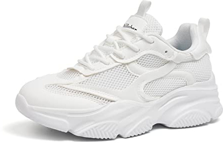 Niluber Women's Chunky Platform Sneakers-Slip On Breathable Running Shoes-Lightweight Glitter Rhinestone White Black Sneakers(White,8.5)