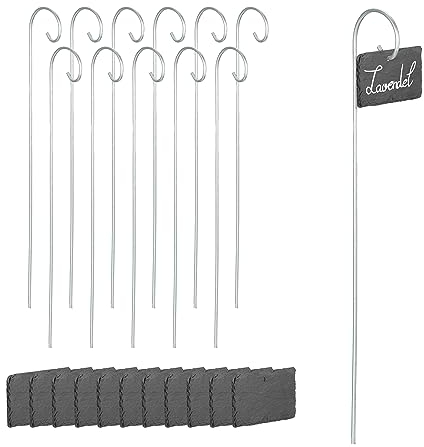 Relaxdays Schiefer Pflanzenschilder, 12er Set, zum Beschriften, wetterfest, Metallstab, Schiefertafel, anthrazit/Silber