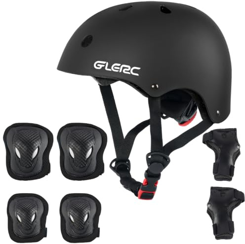 Glerc Kids Helmet Protective Gear Set, Knee Elbow Wrist Pads for Over 8 Years Old Boys Girls, Adjustable Skateboard Helmet Multi-Sportsfor Skateboard Roller Cycling Skating, Size M,Black