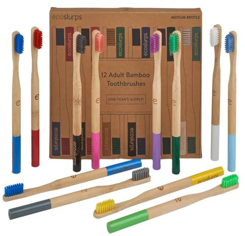 EcoSlurps 12 Bamboo Toothbrushes - Britush Brand - One Year Supply with Each Toothbrush Box Labeled On Internal Boxes - Award Winning Multi Colour Adult Toothbrush Multipack (12 Adult, Multicoloured)