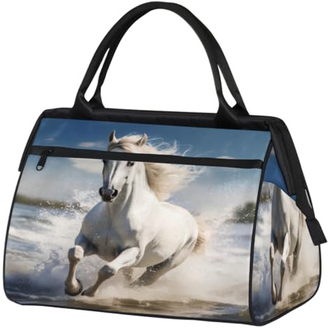 Running White Horse Gym Bag for Women Men, Travel Sports Duffel Bag with Trolley Sleeve, Waterproof Sports Gym Bag Weekender Overnight Bag Carry On Tote Bag for Gym Sport Travel