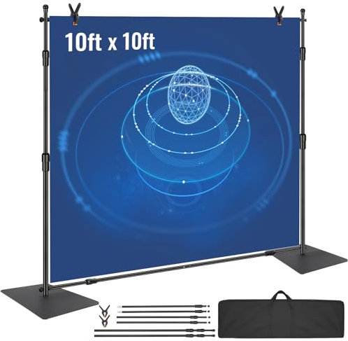 VEVOR Support Toile de Fond 3048x3048 mm Kit Support Fond Photo Réglable avec Base en Acier au Carbone avec 6 Pinces Sac de Transport pour Studio Photographie Diffusion en Direct Mariage Exposition