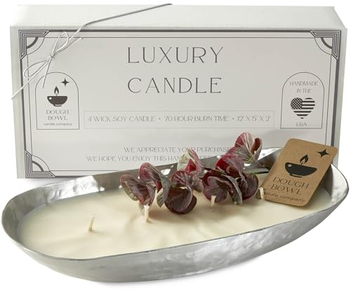 Dough Bowl Candle Co. Luxury Candle - Scented Luxury Candles for Home, 12x5x2 Inch Vessel for Women and Men, Fancy 4 Wick for All Occasions (Silver, White Eucalyptus)