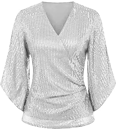 Dinnesis dampaljetttopp, 3/4-ärmar, glittrande, glittrande festblus, V-hals, eleganta toppar för kvällsfesten, blus damer, elegant sexig, silver, L