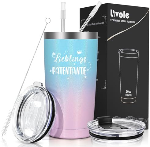 Livole Patentante Geschenk - Lieblingspatentante - Geschenk für Patentante, Tante, Paten, Frau, Frauen, Beste Paten Geschenke, 600ml Isolierter Thermobecher Kaffee to go