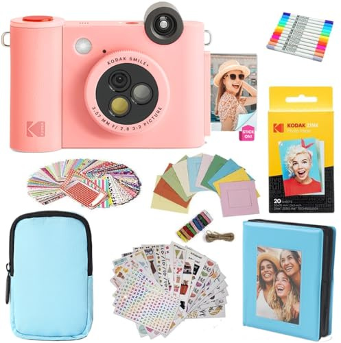 KODAK Smile+ - Paquete de Regalo de cámara instantánea Digital e Impresora fotográfica 2 en 1, Funda + Papel Zink + álbum + Marcos + calcomanías + marcadores, Color Rosa