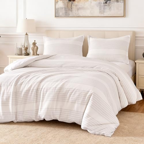 Amazon Basics Duvet Cover Waffle Weave Microfiber 3-Piece Cotton-Like Soft Bedding Set, with 1 Duvet Cover with Zipper and 2 Pillow Shams, Comforter Not Included, Queen, Dark Grey Striped