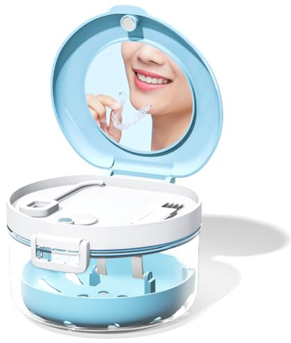 DENTSHIELD Caja de limpieza de prótesis dentales, caja de retención de dientes, taza limpiadora de dientes, estuche portátil invisible para almacenamiento de dientes (azul)