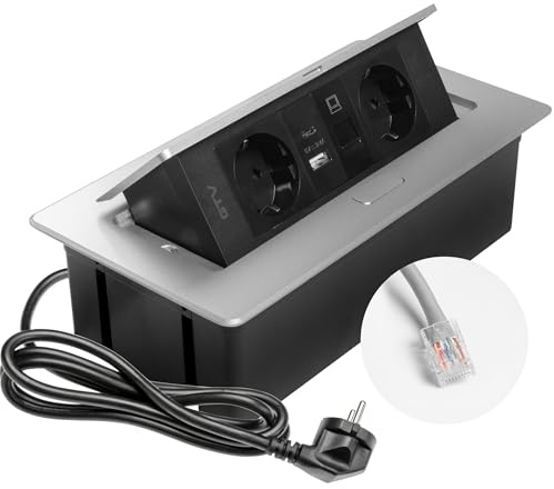 GTV – Inbyggt uttag MULTISOFT aluminium med 2 x Schuko, USB A+C, RJ45, infällbar med lock, 1,5 m kabel, perfekt för skrivbord, konferensbord eller köksbänkskiva