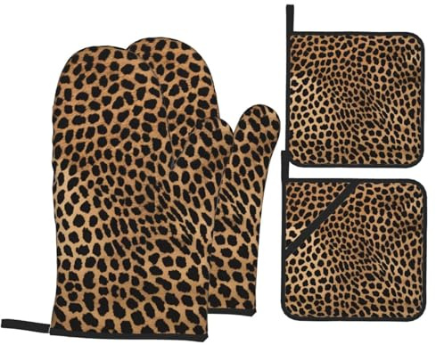 Oven Mitts And Pot Holders Set Of 4 Heat Resistant Kitchen Mitts 2 Oven Gloves And 2 Hot Pads For Cooking Baking Grilling (Leopard Print)