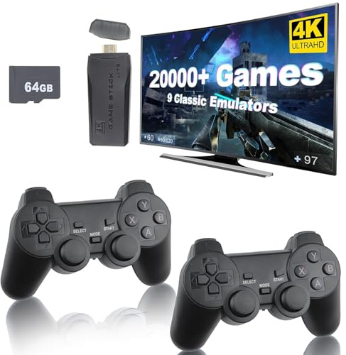 Whatsko Rétro Console Game Stick M8 avec 2 manettes sans Fil 20000+ Jeux, Console de Jeux Plug and Play Console de Jeux vidéo Sortie 4K HD pour TV Ordinateur Projecteur (64G)