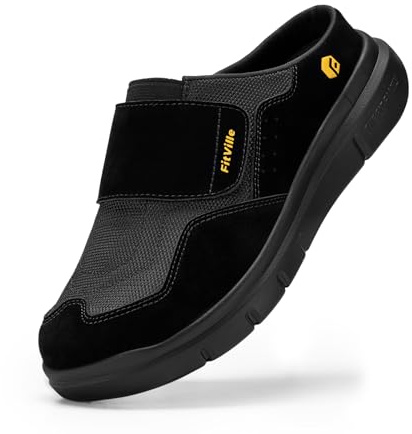 FitVille Mens Extra Wide Fit Diabetic Shoes with Adjustable Strap, Slip On Backless Orthopedic Mules for Swollen Feet Plantar Fasciitis, Black, 10 UK Wide