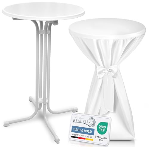 Beautissu Stehtisch klappbar mit Stehtischhusse & Schleifenband rund