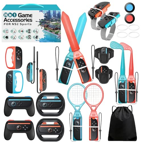 Switch 2 Sports Accessories, Wodbymat 25 in 1 Sports Bundle for Nintendo Switch 2 with 2 Tennis accessories 2 Grip Handle 2 Steering Wheels 2 Bowling ball grip 2 Sword accessory Shared 2 grip 2 Golf