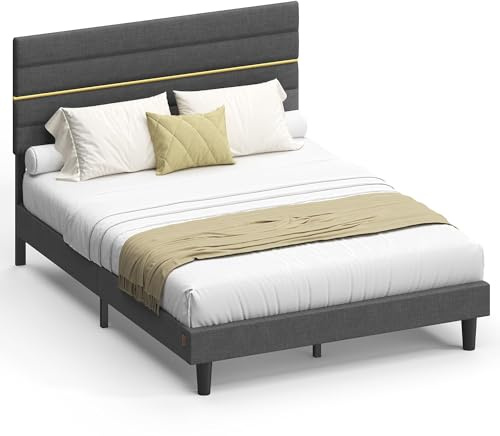 VASAGLE Double Bed Frame, for 135 x 190 cm Mattress, Adjustable Upholstered Headboard, Metal Frame, Wooden Slats, Modern, Slate Grey RMB506GN01