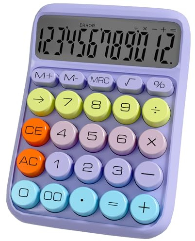 Skrivbord miniräknare stora nycklar 12 siffror för skola och kontor | Bred och lättläst LCD-skärm, kompakt storlek 15,7 x 11,2 cm, stängs av efter 10 minuter utan användning, lila