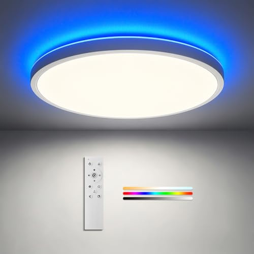 LED Deckenleuchte Dimmbar mit RGB-Backlight, 24W 2400lm Ø30cm IP44 | 3CCT 2700K–6500K, Deckenlampe mit Fernbedienung, Nachtlicht, Timer, Ideal für Schlafzimmer Bad Küche Kinderzimmer