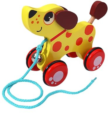 SunsoilGiant Holz Nachziehspielzeug Kinderwagen Auto Motorikspielzeug Lernspielzeug Aktivitätsspielzeug Schiebespielzeug mit Glocke Und Leisen Gummiringen für, Hund