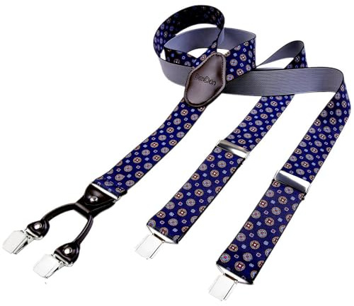 DonDon Bretelle da uomo eleganti extra forti 3,5 cm con 4 clip e toppa in pelle marrone blu scure