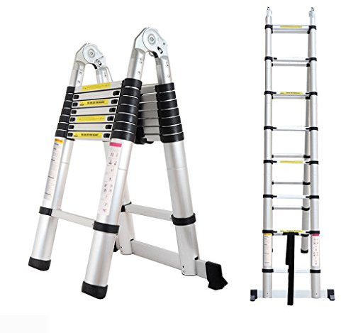 Telescopic Ladder 5m with Stabiliser Bar, Multi-purpose Folding & Portable Aluminium Ladder - A-frame & Straight Use for Indoor Outdoor, 150 kg Capacity Max Load