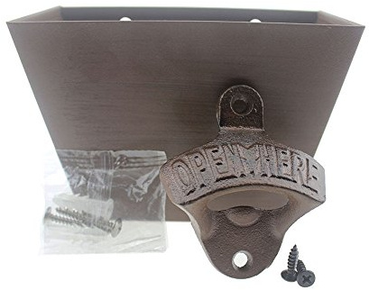 Luwanburg Retro Cast Iron Bottle Opener Wall Mounted Beer Top Opener with Cap Catcher Bucket Brown