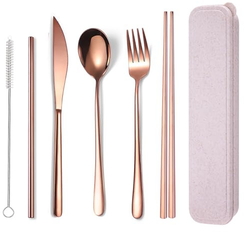 AARAINBOW 6 Pieces 18/8 Stainless Steel Flatware Set Portable Reusable Cutlery Set Travel Utensils Set Including Chopsticks Knife Fork Spoon Straws Cleaning Brush Dishwasher Safe (Rose Gold)