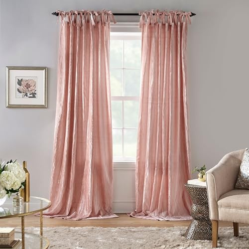 Elrene Home Fashions Korena Tie-Top Crushed Velvet Window Curtain Panel, Rustic-Chic Curtain Panel for Living Room or Bedroom, 52 Inches by 95 Inches, Blush, 1 Panel
