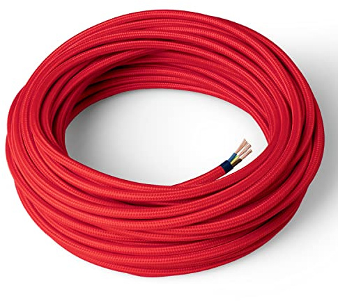 Amarcords - Câble électrique textile couleur ROUGE, rond, soie, 3 mètres, avec mise à la terre 3x0,75 - Fil vintage en tissu coloré, pour lampes, lustres, appliques et abat-jours.