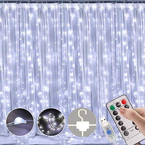 Unihoh LED Curtain Lights, Window Curtain Fairy Twinkle Lights 3mx3m 300leds USB Operated 8 Modes Icicle LED String Lights with Remote & Timer for Indoor Xmas Party Home Garden Decoration(Cool White)