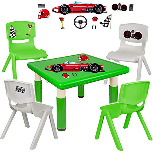 alles-meine.de GmbH Sitzgruppe für Kinder - Tisch + 4 Kinderstühle - Größen & Motiv & Farbwahl - Auto - Rennwagen/grün - höhenverstellbar - 1 bis 8 Jahre - Plastik - für INNEN ..