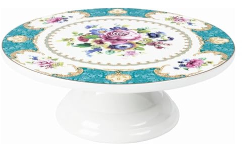 fanquare 10 Zoll Blumen Porzellan Kuchenständer, Blaue Runde Kuchenplatte mit Goldrand, Dessert Dekorieren Vereisungsspachtel Tortenständer