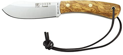 Joker Cuchillo de monte Nessmuk, con puño en madera de olivo de 11,5 cm, hoja de 10,5 cm, Incluye Pedernal + Funda de cuero en color marrón oscuro. Cuchillo By J.Sabater