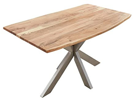 SAM Baumkantentisch 180 x 90 cm Kalea, Akazienholz naturfarben & massiv, Esstisch mit silbernem Spider-Metallgestell, Tischplatte 26 mm, Esszimmertisch, Industrial-Design