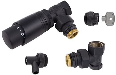 Kit raccordement radiateur noir mat 15x21 (1/2) robinet equerre + coude de réglage + robinet de vidange eau + bouchon purgeur air + tête thermostatique filetage standard M30x150 NOYON & THIEBAULT