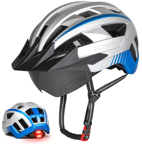VICTGOAL Fahrradhelm mit Visier Mountainbike Helm mit magnetischem Brille Abnehmbarer Visier, Rennradhelm mit LED Rücklicht Größe M/L/XL für Erwachsenen Herren Damen (SL-UK, XL: 59-63cm)