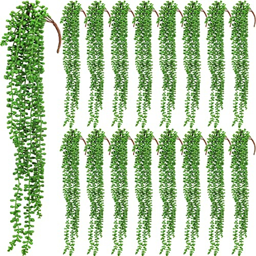 Janinka Artificial Succulents Bulk Hanging Plants 24 Inches, 16 Pcs | Large Fake String of Pearls Fake Vines Greenery UV Resistant Faux Plants Wall Decor for Garden Outdoor Indoor Decoration