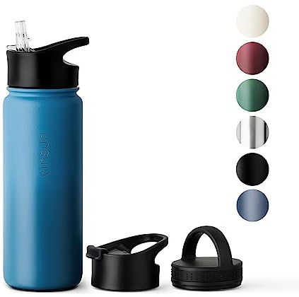 Vinsun Trinkflasche Edelstahl 500ml blau - auslaufsicher, Kohlensäure geeignet, BPA frei - 3 Deckel - Thermosflasche Sport, Outdoor, Schule, Uni, Fahrrad, Büro, Wandern