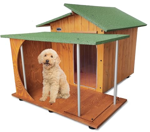 Hundehütten Hundehaus Hundehöhle mit Veranda Aus Massiv Holz Echtholz Geshenk THERMOVORHANG Made in Italy Mod. Alpi B - Pudel mit THERMOVORHANG 93x103xH62
