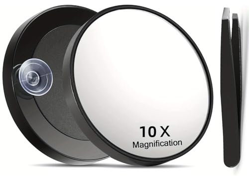 STERUN 10X & 20X Magnifying Mirror with Tweezer, Suction Cups, Small Travel Makeup Mirror for Eyebrow Tweezing, Blackhead Removal, Shaving | Compact (10X)