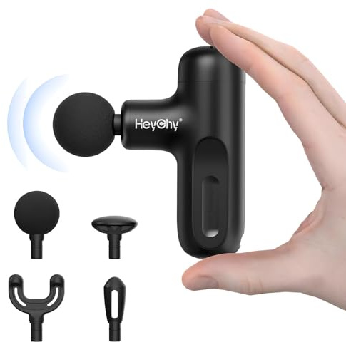 HEYCHY Super Mini Massage Gun Deep Tissue, Handheld Muscle Massager with 4 Heads, Percussion Travel Size Massager Gun for Back Pain Relief, Quiet for Home, Gym, Office, Perfect for Men & Women, Black
